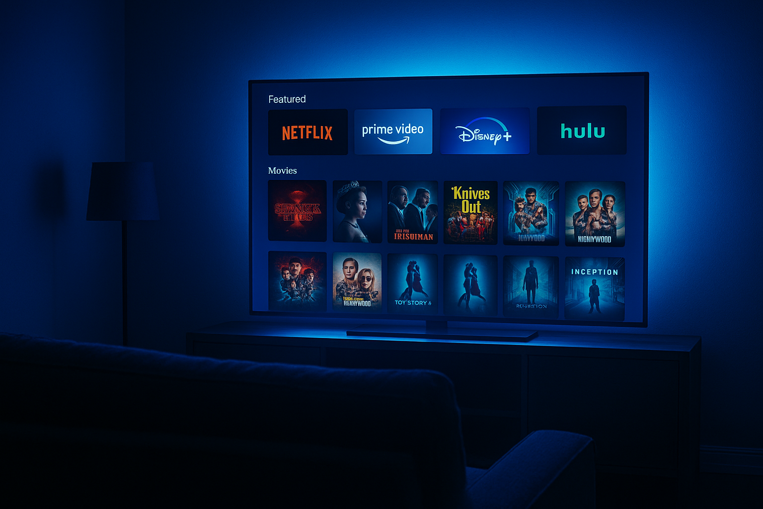 Interface IPTV com Netflix, Prime Video, Disney+ e Hulu